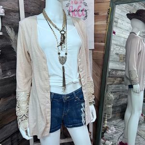 Boutique Brand Crochet Sleeve Spliced Button Down Ribbed Slim-fit Cardigan 💗